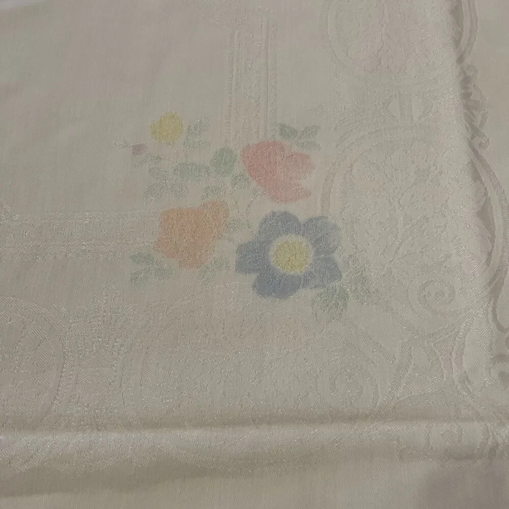 Vintage White Damask w/ Pink Blue Peach Green Floral Tablecloth 51”x47” Cottage